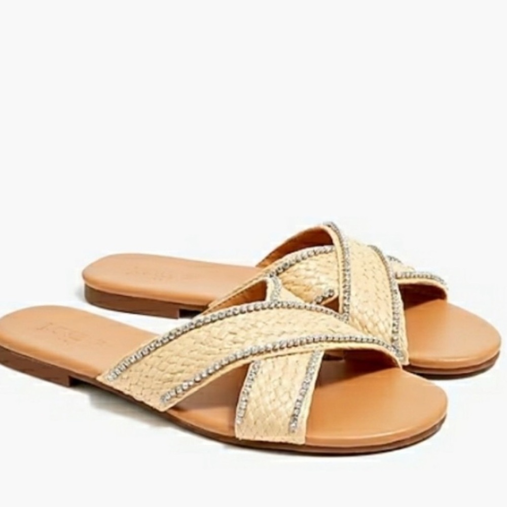 NIB J Crew Raffia Crisscross Slide Sandals With Rhinestone Lining